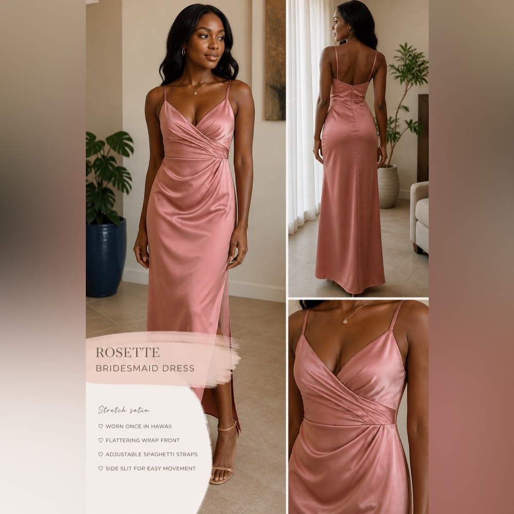Size 6 • Rosette Stretch Satin Bridesmaid Dress • Altered • Built-In Pads